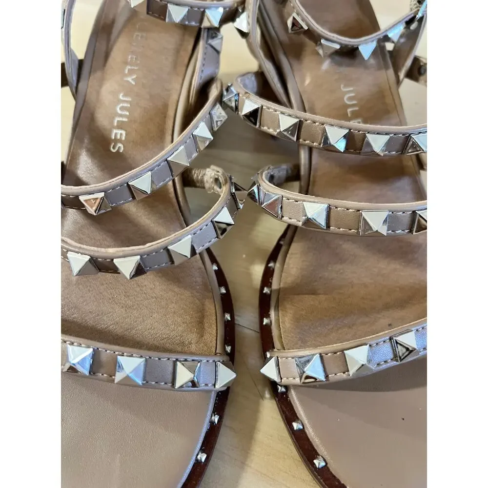 Sincerely Jules Womens Tan Studded Strappy Block Heel Sandals Size 6.5 Chic